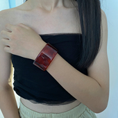 复古几何不规则树脂宽版 手镯女时髦琥珀纹理咖色C形手环开口镯子