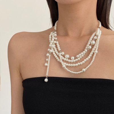 甜酷多层叠戴珍珠流苏项链女