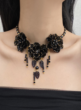金属流苏花朵女黑花朵项链锁骨链