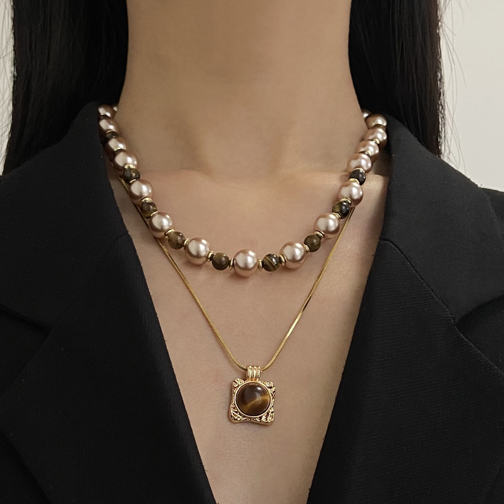 方形天然虎眼石串珠珍珠项链