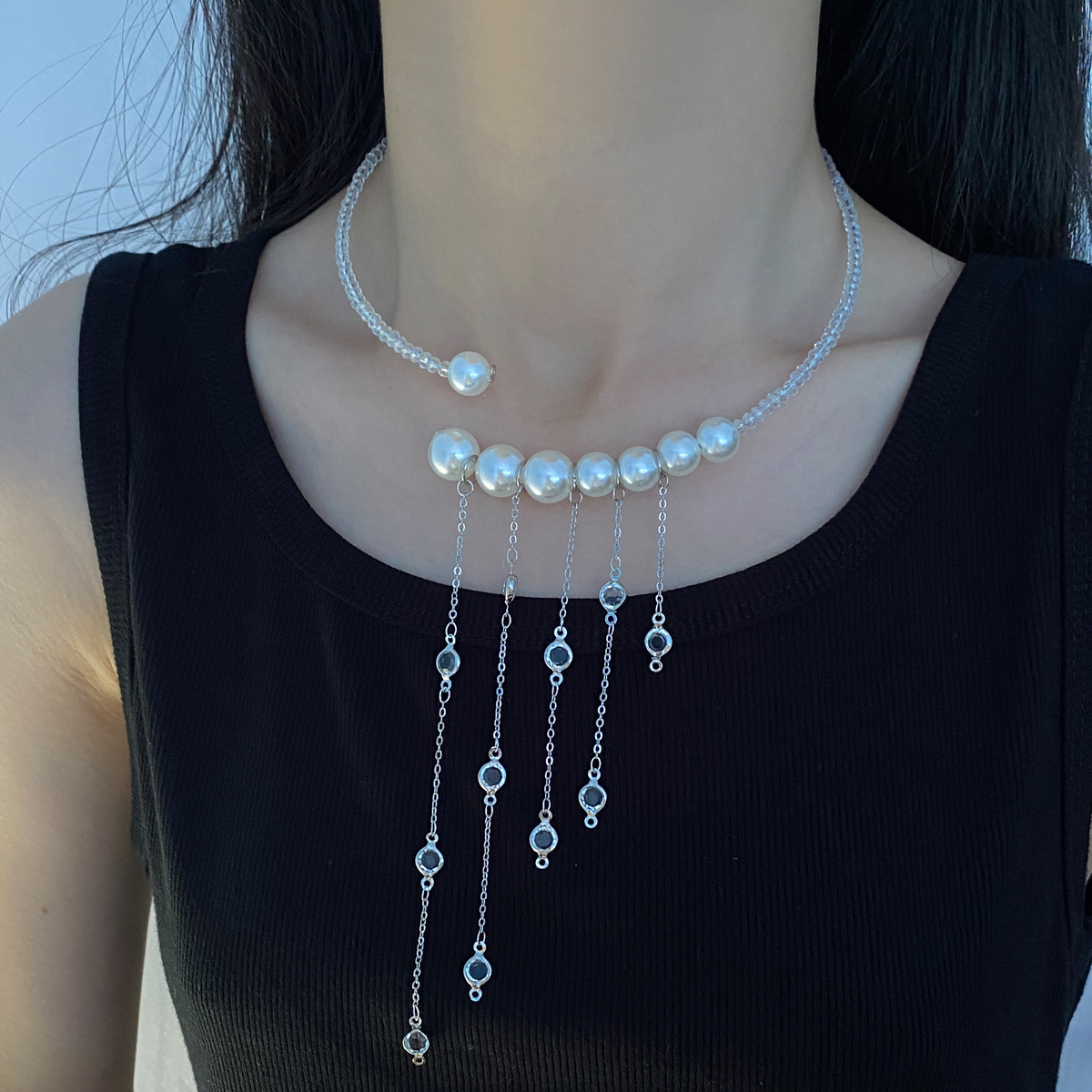 水晶珍珠女水晶流苏长项圈锁骨链