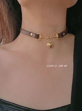 金属时髦皮质女铃铛项圈锁骨链