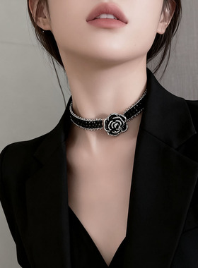 暗黑风vintage镶钻山茶花项链女