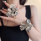 金属立体大花朵开口银色手镯女ins高级感嘻哈可调节指环手环配饰