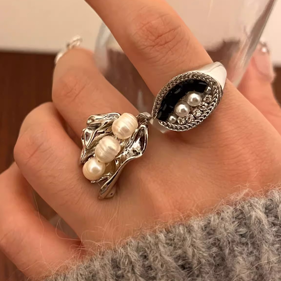 女金属复古虎眼石珍珠戒指指环