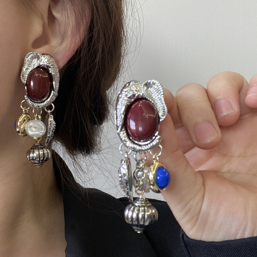 vintage夸张串珠流苏琉璃耳环