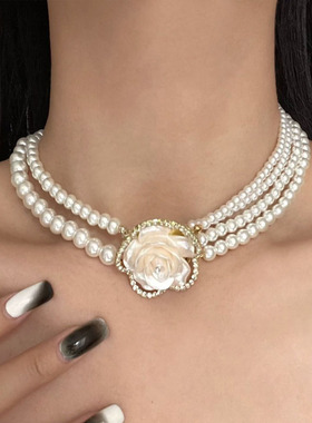 叠戴立体满钻山茶花朵珍珠项链