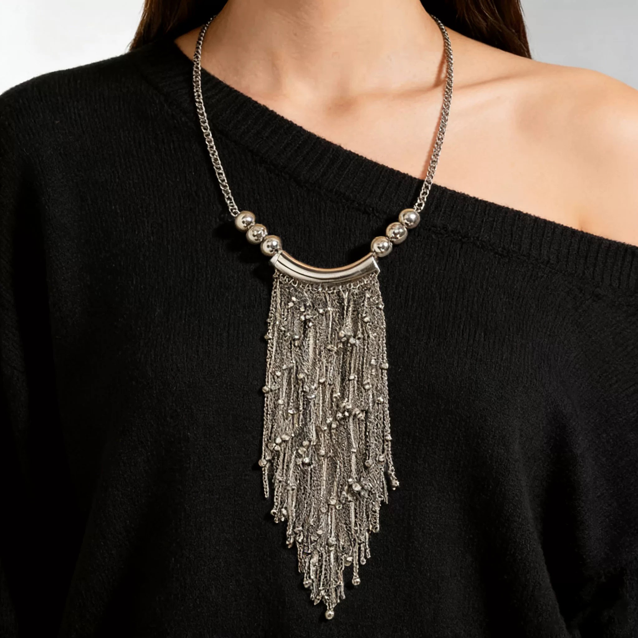 夸张金属长款流苏串珠项链毛衣链