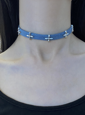 金属蓝色女十字架芒星锁骨链项圈