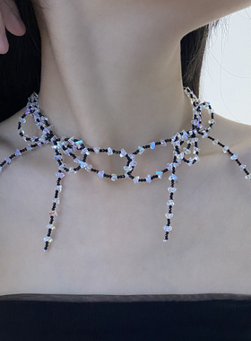 水晶流苏女斑点蝴蝶结项链锁骨链