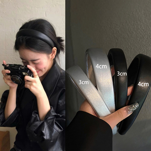 复古ins时尚简约宽版纯黑色pu皮质厚发箍高颅顶休闲头箍百搭头饰
