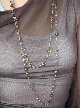 复古十字架多层水晶金属花朵项链