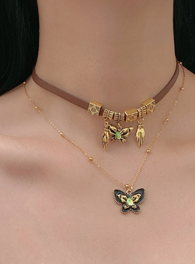 金属叠戴双层女蝴蝶锁骨链项链