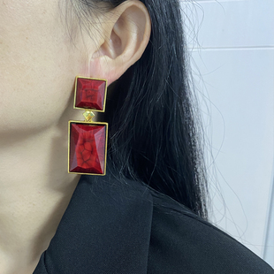 港风复古夸张长款方形大号酒红色耳环欧美风复古几何耳饰红色耳坠