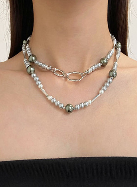 串珠黑灰珍珠拼接项链锁骨链