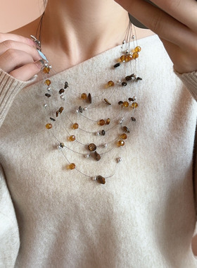 多层设计美拉德虎眼碎石串珠项链