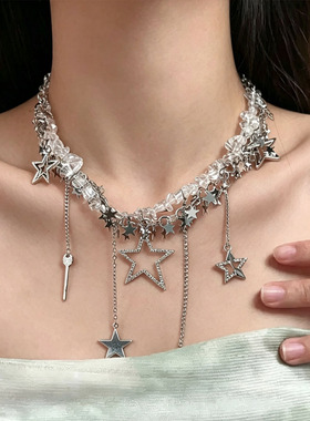 choker金属繁星透明碎石流苏项链