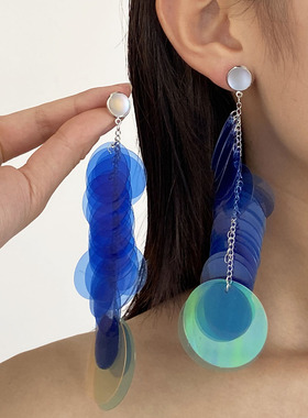Y2K长款浮夸镭射蓝色闪亮亮片耳环耳饰女幻彩流苏度假风个性耳针