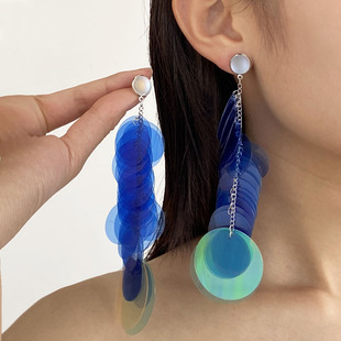 Y2K长款浮夸镭射蓝色闪亮亮片耳环耳饰女幻彩流苏度假风个性耳针