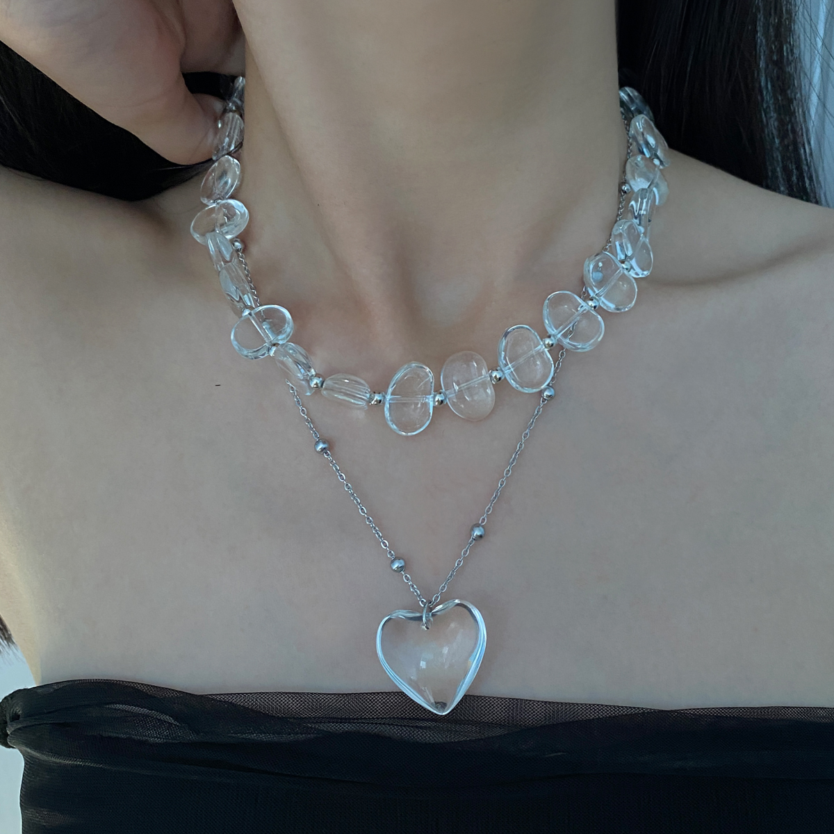 水晶串珠双层女爱心水晶项链颈链