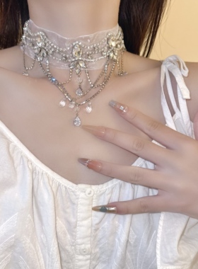 超仙法式蕾丝满钻水滴流苏项链女
