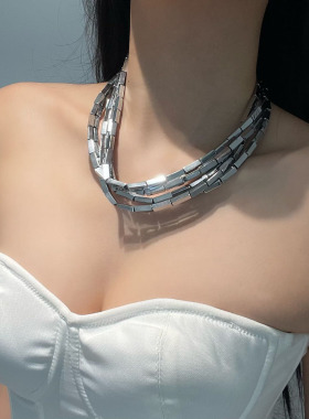 多层方块金属几何项链简约风