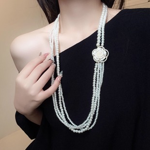 法式长款满钻山茶花朵珍珠项链女款轻奢叠戴多层小众精致锁骨链