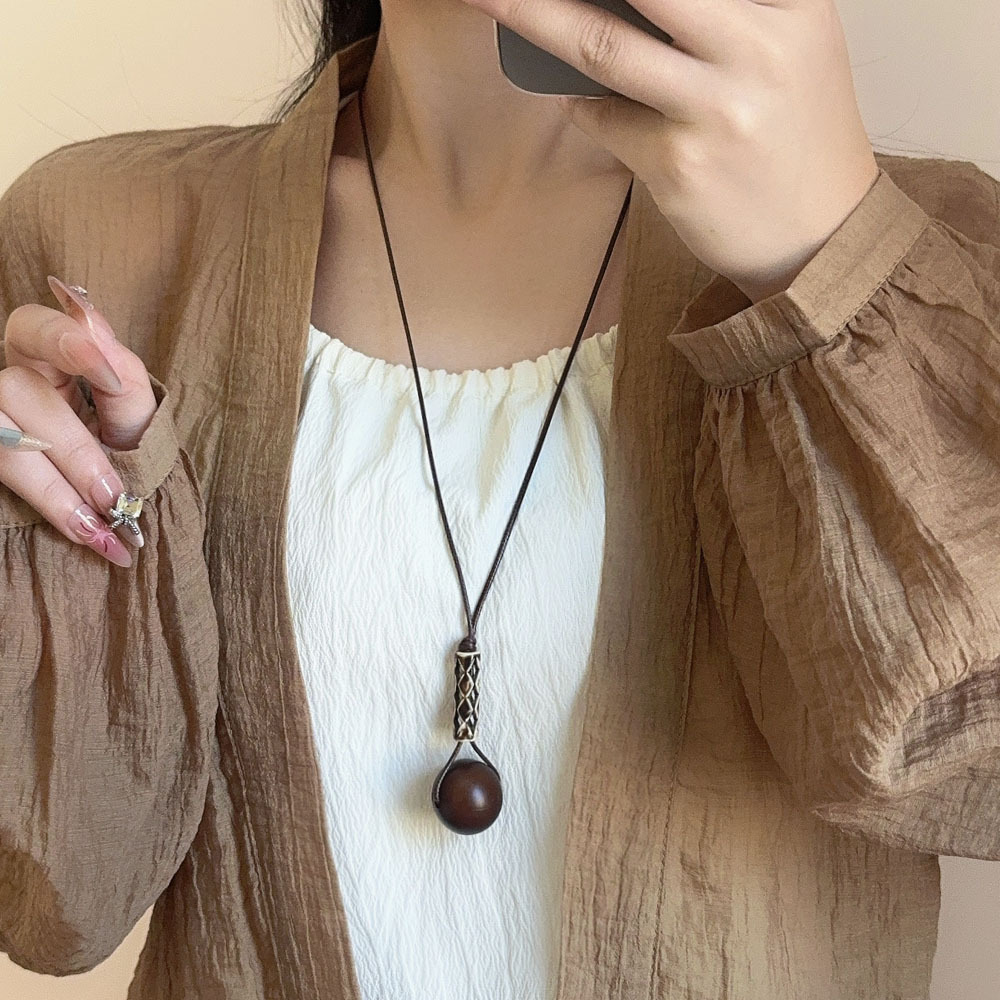 复古木头几何圆球吊坠项链女波西米亚民族风简约长款圆环毛衣链