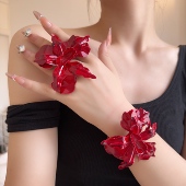 复古酒红色金属立体花朵手镯女夸张个性 大牌开口戒指旅拍首饰手环