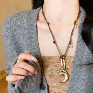 中古vintage金属月牙芒星蜡绳项链可调节百搭秋冬长款叠戴毛衣链