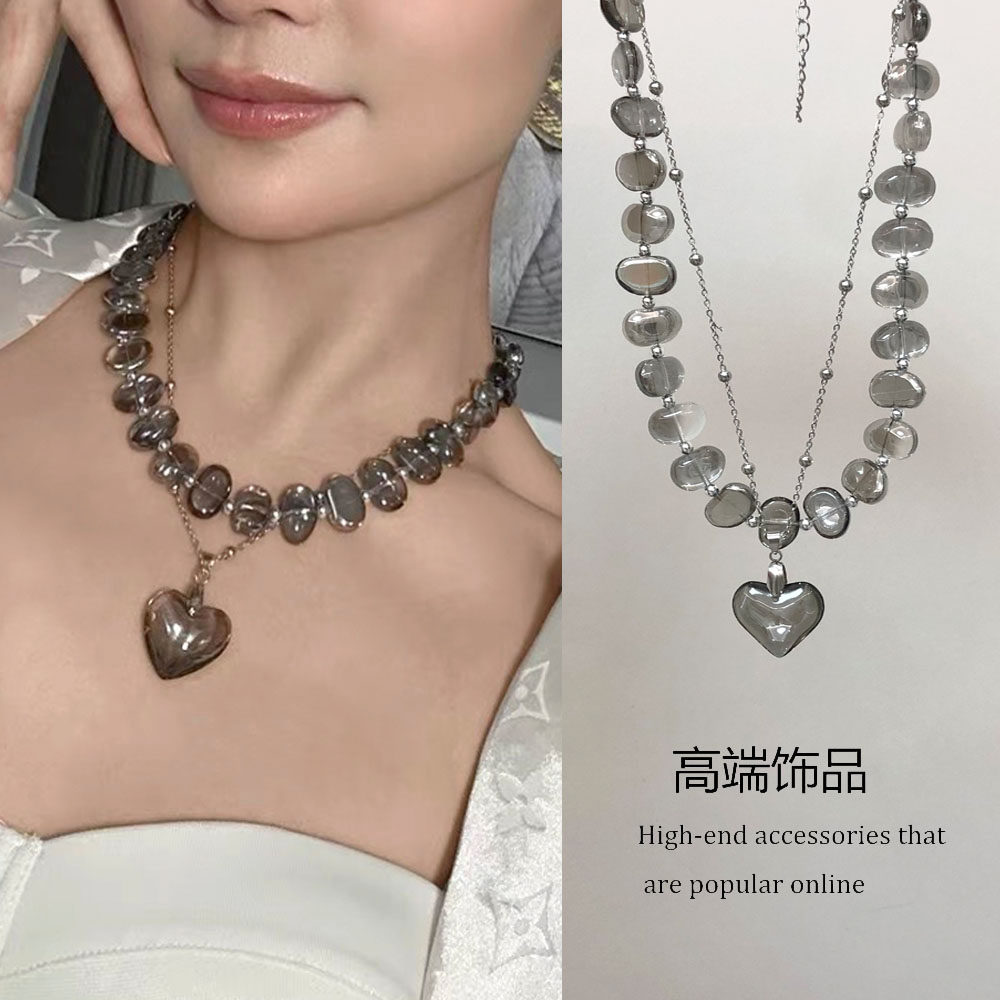 不规则透明灰白色水晶串珠项链女小众时尚双层叠戴爱心吊坠锁骨链
