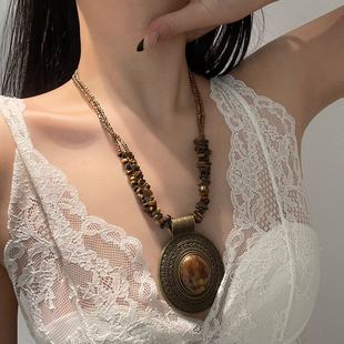 复古辣妹美拉德异形松石串珠项链女小众民族风复古几何椭圆毛衣链