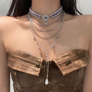 灰色珍珠叠戴闪钻宝石项链女多层次镶钻流苏choker小众高级感颈链