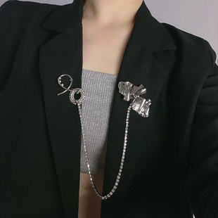 外套配饰礼服气质合金别针胸花 暗黑复古风圆圈镶钻流苏链胸针西装