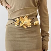 欧美复古金色郁金香大花朵腰链腰带配裙子牛仔裤 装 饰黑皮绳细腰带