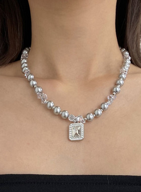 锆石镶钻高级方糖吊坠珍珠项链