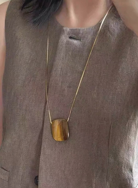 虎眼石树脂女几何棕色项链毛衣链