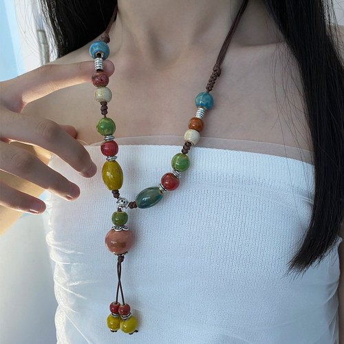 陶瓷编织绳彩色串珠长项链锁骨链