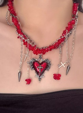 爱心十字架不规则碎石流苏项链