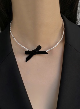 黑色蝴蝶结极简碎银闪钻项链女