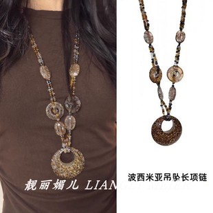 民族风辣妹豹纹平安扣粉色水晶串珠项链女西米亚中式长款毛衣链潮