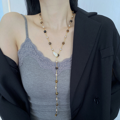 虎眼石串珠长款虎眼石项链毛衣链