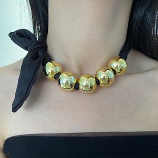 欧美重工夸张黑色布艺金属大圆球吊坠项链女可调节绑带锁骨链颈链