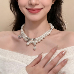 复古水晶锆石水滴双层珍珠choker项链女法式轻奢气质锁骨叠戴颈链