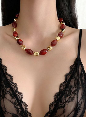 美拉德复古红咖色异形串珠项链