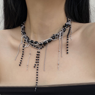 复古高级感辣妹水晶缠绕多层黑珍珠项链个性嘻哈流苏链条锁骨颈链