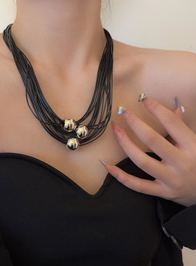 复古金属圆球吊坠多层皮绳项链女