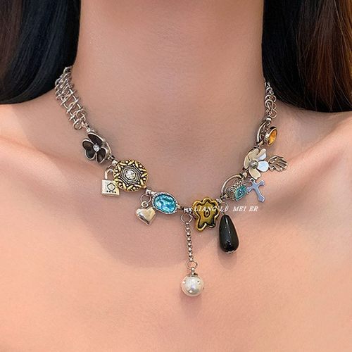 金属纽扣花朵女流苏镶钻锁骨链