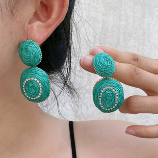 镶钻椭圆拉菲草耳环时尚复古彩色几何耳坠文艺复古耳夹无耳洞