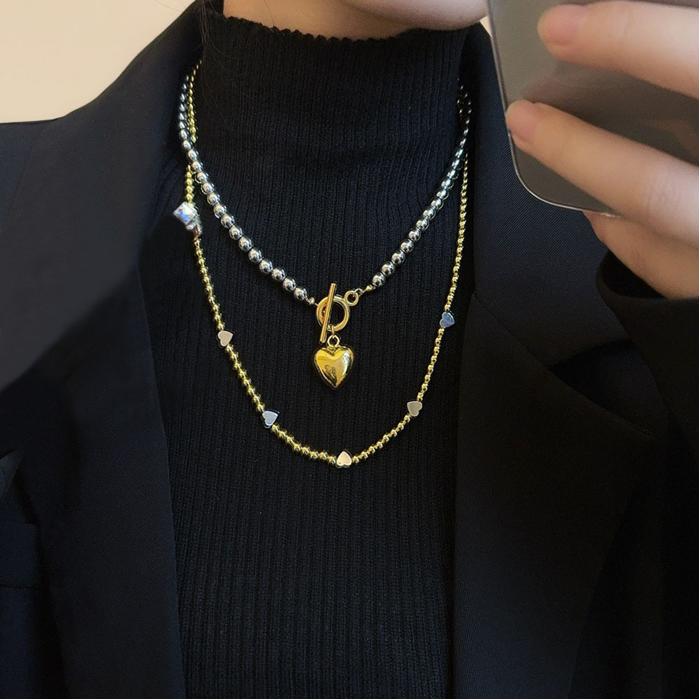 金属珍珠双层叠戴爱心项链毛衣链